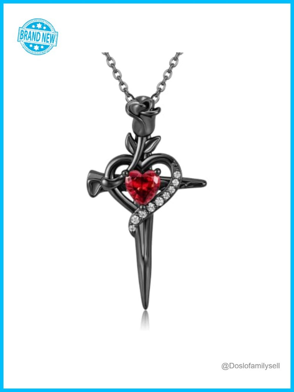 Sterling Silver Gothic Black Rose Cross Necklace Cubic Zirconia Heart Pendant